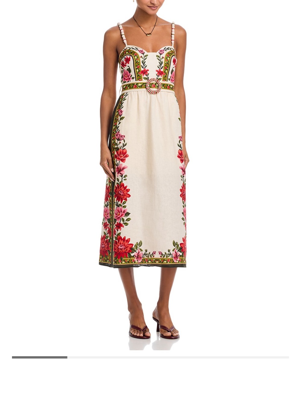 FARM Rio Cream Midi Dress with Red Floral Embroidery